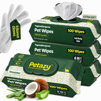 Petazy Pet Wipes for Dogs and Cats – 400 Count (8x8in) Hypoallergenic, Deodorizing Dog Wipes for Paws, Ears and Butt | XL with Aloe & Coconut Oil, Lavender Scented | Includes 4 Grooming Glove Wipes