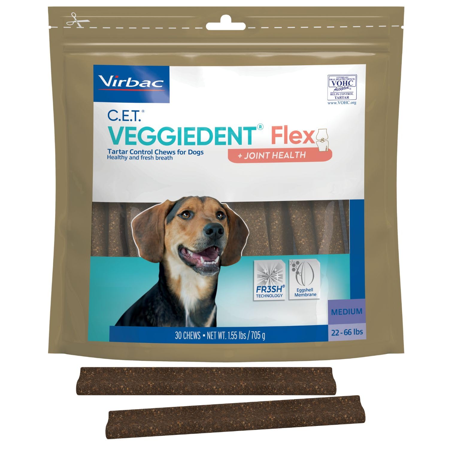 Virbac C.E.T.® VEGGIEDENT® Flex Tartar Control Chews for Dogs - Multifunctional to Support Joint Health, VOHC Approved - Large Dogs Over 66lbs