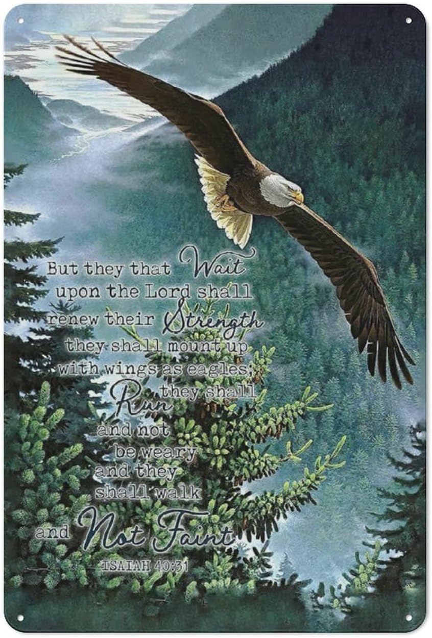 Rustic Metal Tin Sign Eagle Scripture Decor Wall Art Bible Verse Pictures Wall Decor Eagle Prints Painting Religious Eagle Decorations Artwork for Bedroom Living Room 8x12inch