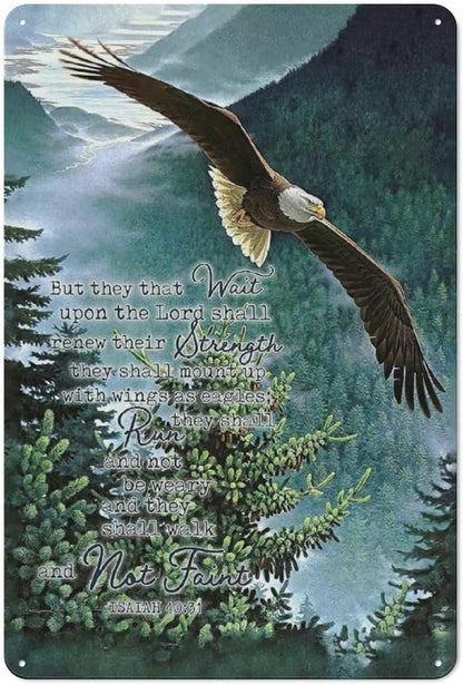 Rustic Metal Tin Sign Eagle Scripture Decor Wall Art Bible Verse Pictures Wall Decor Eagle Prints Painting Religious Eagle Decorations Artwork for Bedroom Living Room 8x12inch