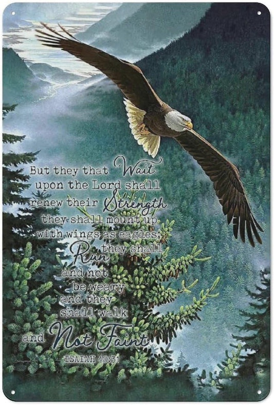 Rustic Metal Tin Sign Eagle Scripture Decor Wall Art Bible Verse Pictures Wall Decor Eagle Prints Painting Religious Eagle Decorations Artwork for Bedroom Living Room 8x12inch