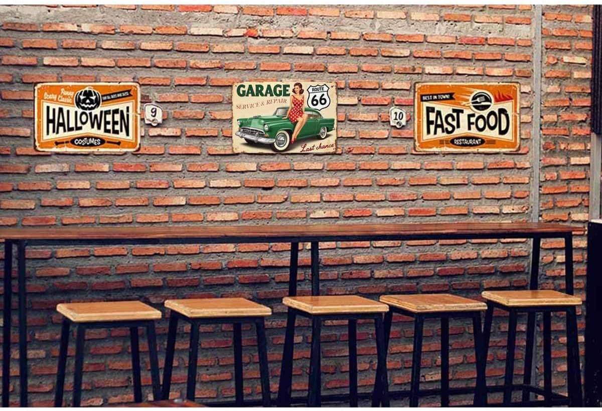 AOYEGO Pin Up Tin Sign,Route 66 Garage Service Repairs Women Sit On The Green Car Vintage Metal Tin Signs for Cafes Bars Pubs Shop Wall Decorative Funny Retro Signs for Men Women 8x12 Inch