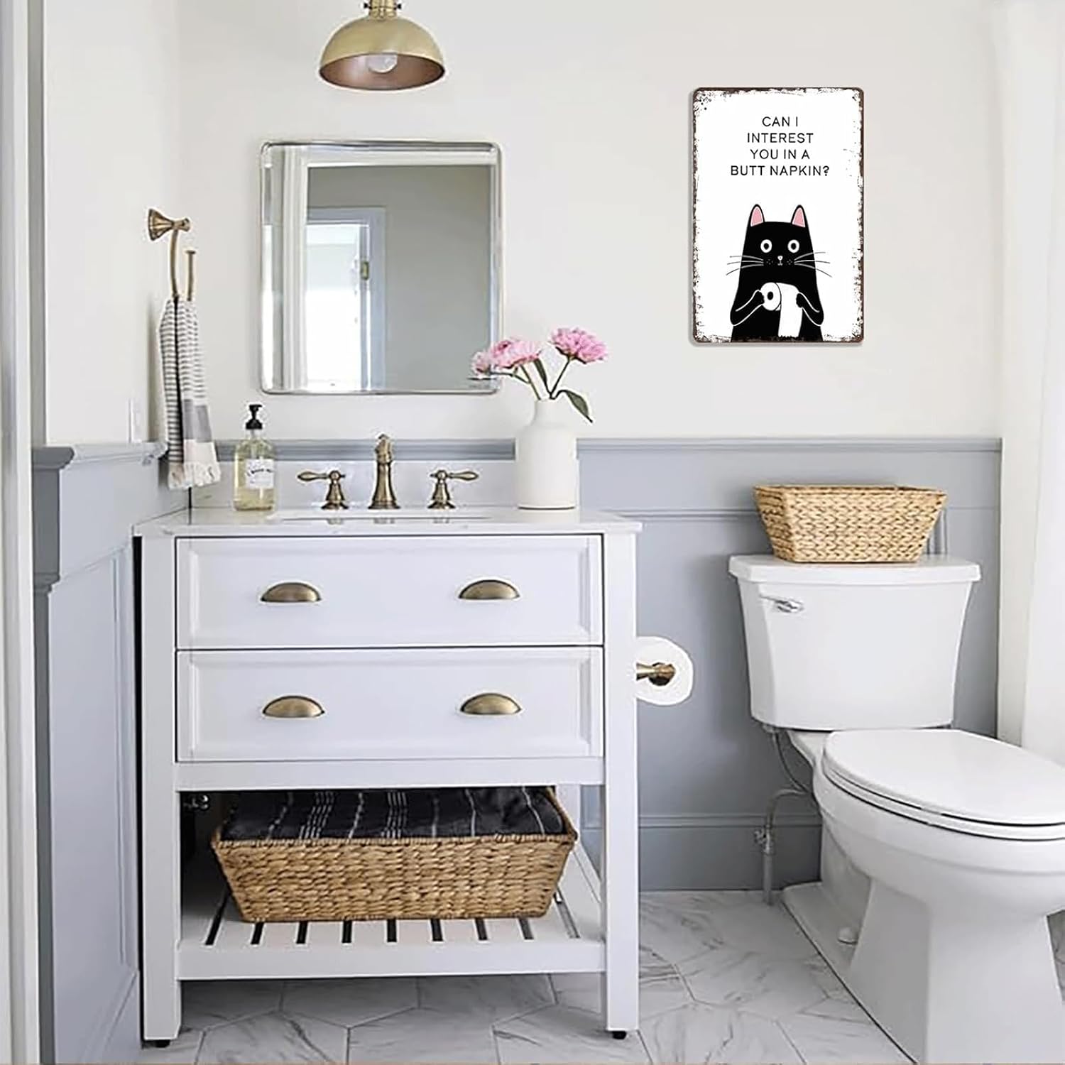 Funny Vintage Bathroom Wall Decor Metal Tin Sign, Cat Mom Gifts for Women, Retro Aluminum Wall Art for Cats Lover, "Can I Interest You In A Butt Napkin", Toilet Decoration Metal Sign 8x12in