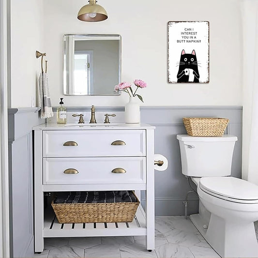 Funny Vintage Bathroom Wall Decor Metal Tin Sign, Cat Mom Gifts for Women, Retro Aluminum Wall Art for Cats Lover, "Can I Interest You In A Butt Napkin", Toilet Decoration Metal Sign 8x12in