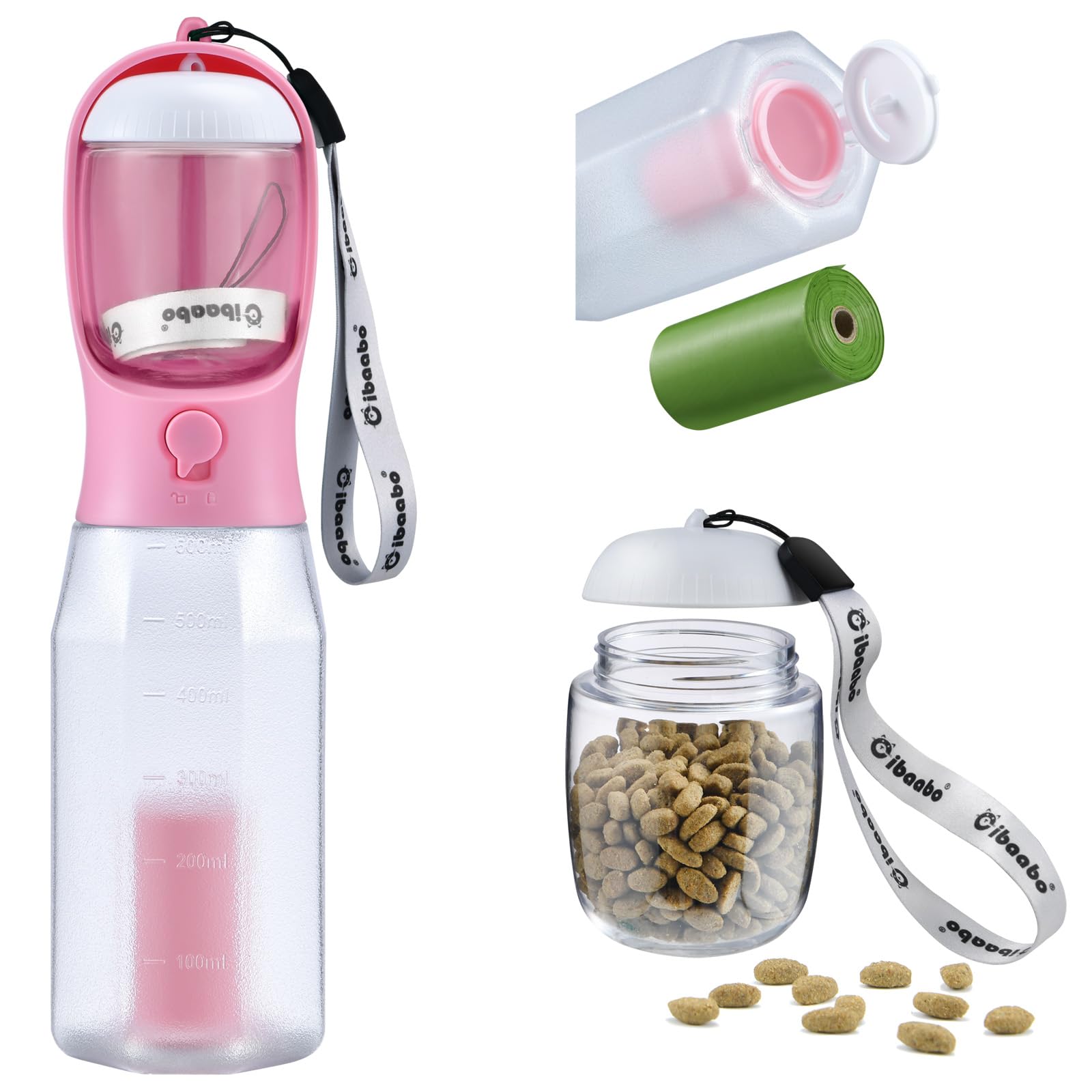Cibaabo Dog Water Bottle with Food Container & Poop Bag Holder, Travel Water Bowl, Portable Pet Dispenser, Girl Dog Accessories Stuff Items Essentials Gift for Yorkie Chihuahua Walking Hiking