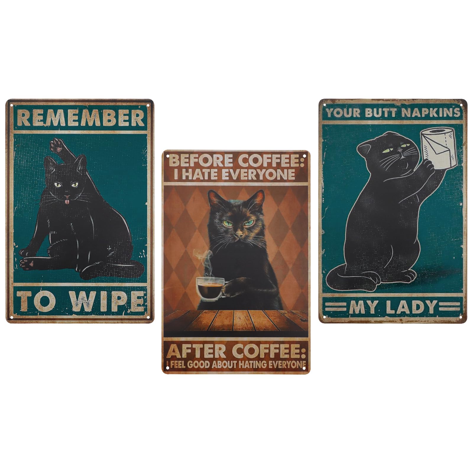 3PCS Vintage Metal Tin Sign Black Cat, Metal Retro Funny Cat Poster Art Decor Home Bar Coffee Wall 8x12 inch (Black Cat 03)