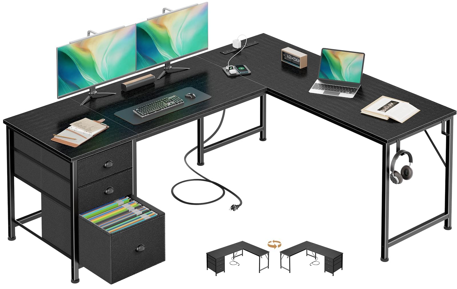 Furologee 63" L Shaped Desk with Power Outlets & USB-C Port, Reversible Corner Computer Desk with 3 Fabric Drawers, Hooks, Large Home Office Desk for Gaming, Writing, Work, Black