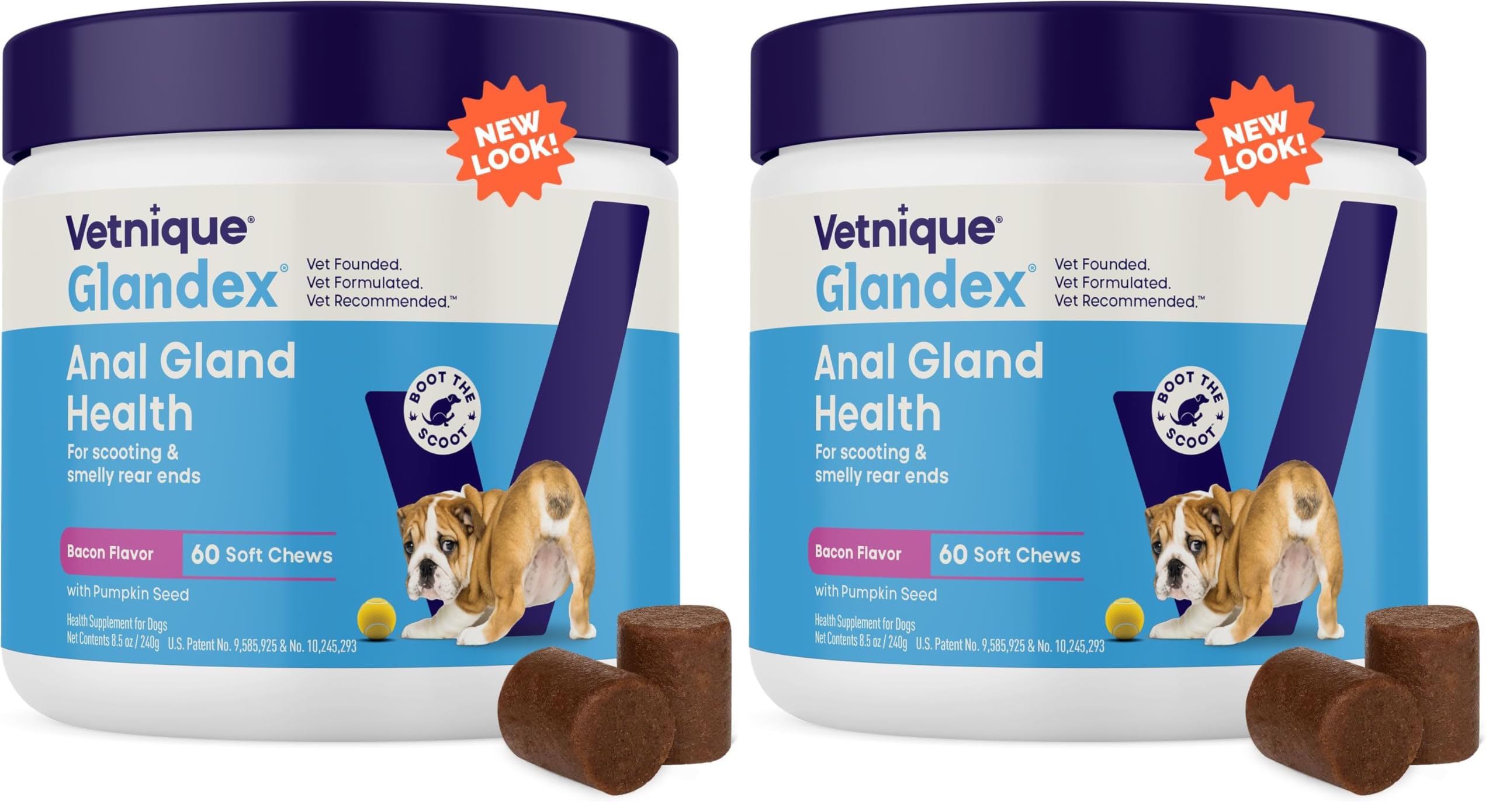 Vetnique Glandex Anal Gland Soft Chew Treats with Pumpkin for Dogs Digestive Enzymes, Probiotics Fiber Supplement for Dogs Boot The Scoot (Advanced Strength Duck/Bacon, 60 Ct)