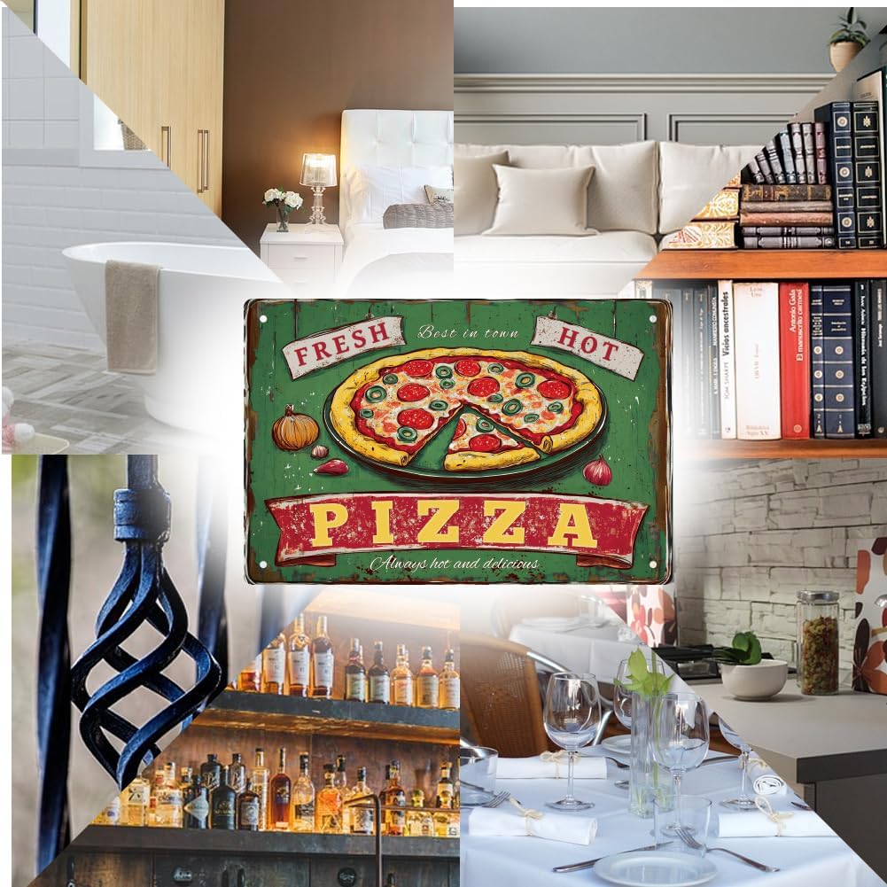 WEBEEDY Pizza Tin Signs Funny Food Poster Vintage Metal Wall Decor for Home Kitchen Restaurant,Delicious Pizza Fast Food Sign for Cafe Pub Bar Home Indoor Outdoor Retro Decor,8x12 Inch/20x30cm