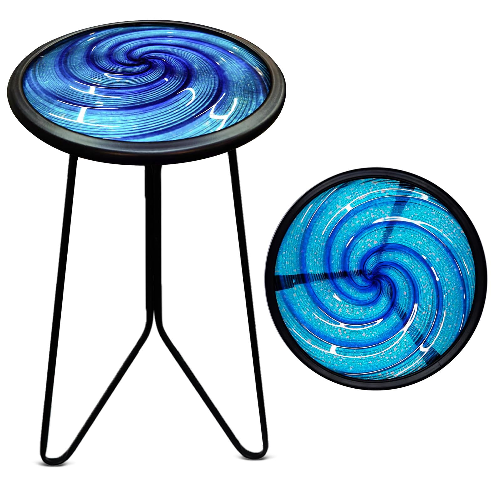 LIFFY Patio Side Table, Small Round End Table, Metal Side Table Outdoor, Small Porch Table for Indoor Balcony Furniture Decor (Blue Glass 12inch)