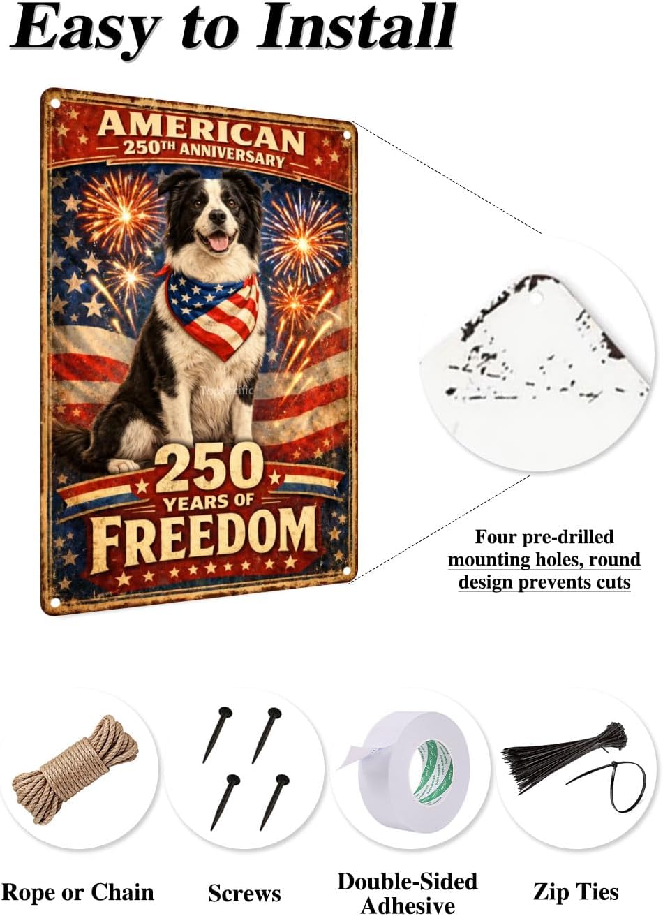 American 250th Anniversary Border Collie Funny Tin Sign 12x8 Inch Independence Day Vintage Metal Wall Art Retro Humor for Kitchen Bedroom Room Home Gift Decoration(59342)
