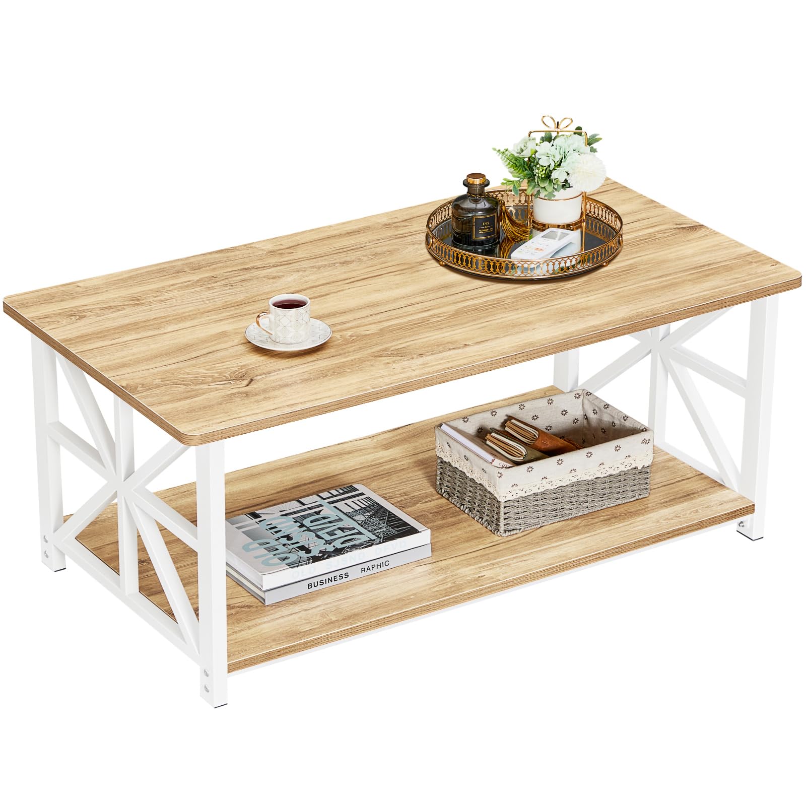 GreenForest Coffee Table for Living Room with Round Corners Farmhouse Style Center Table with Storage Shelf 39 Inch Space Saving Easy Assembly Gray Wash | for Living Room