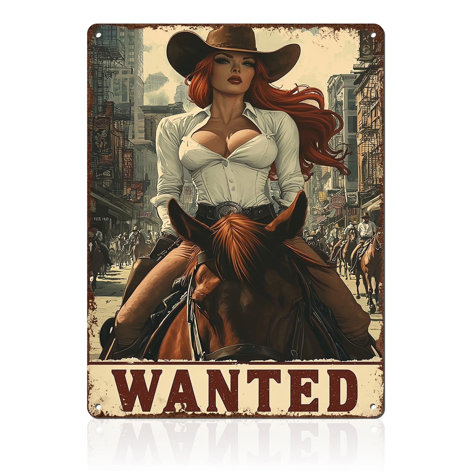 Western Wanted Tin Sign Vintage Metal Poster Rustic Wall Decor Cowgirl Pin Up Art Retro Iron Painting 8x12inch