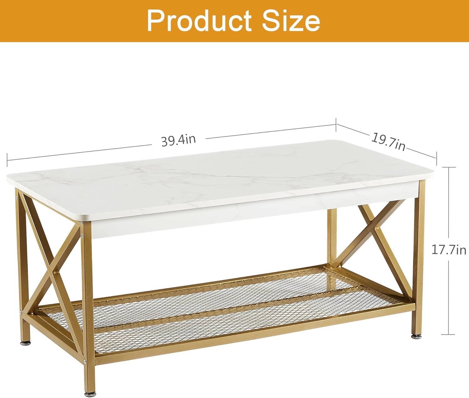 VECELO Coffee Table with 2-Tier Storage Shelf X-Frame for Living Room, Office Industrial Style,Easy Assembly, 39 inch Gold