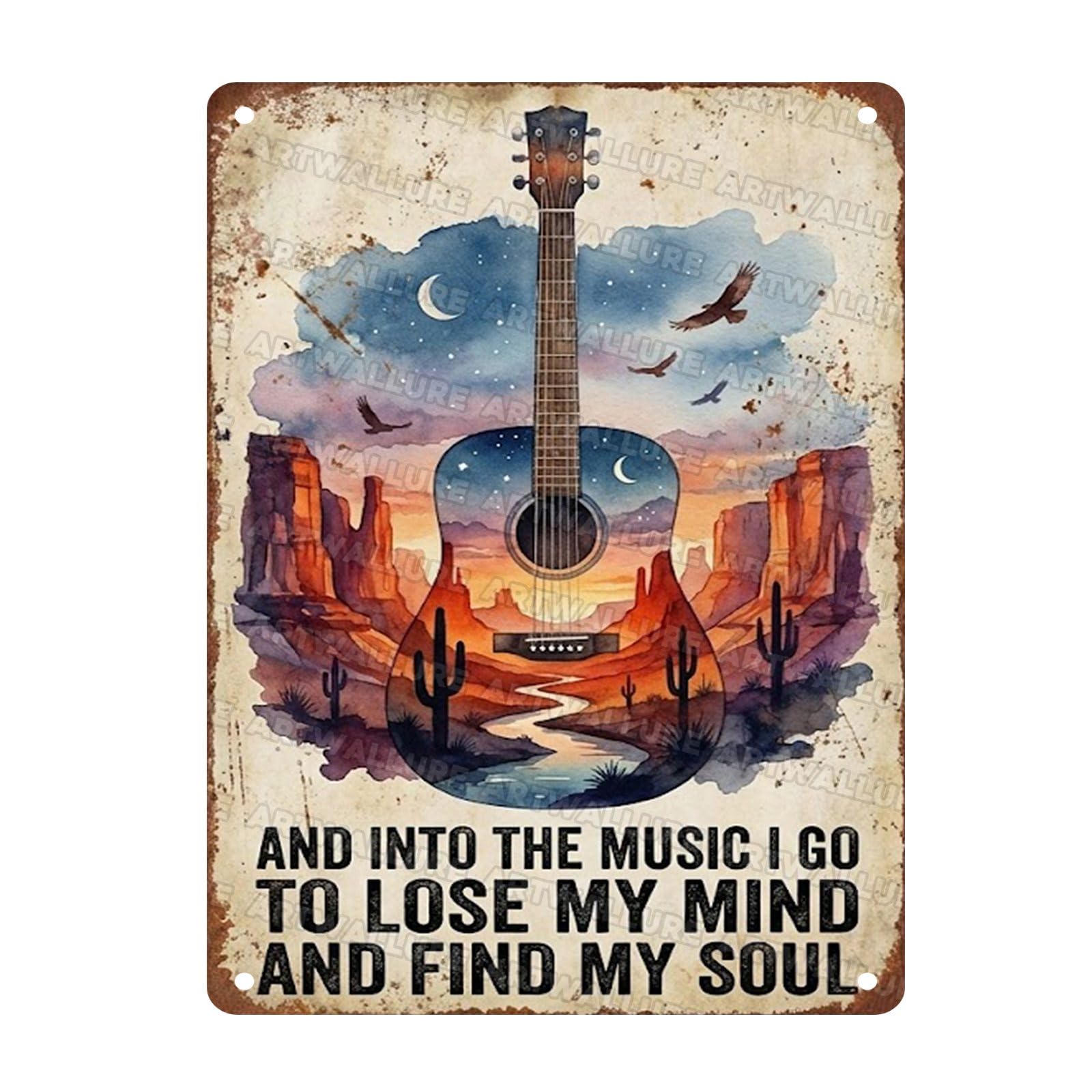 Acoustic Guitar Metal Tin Sign Nature Scenery Music Decor Vintage Wall Art Gift for Guitar Player Camping Lover 8x12Inch