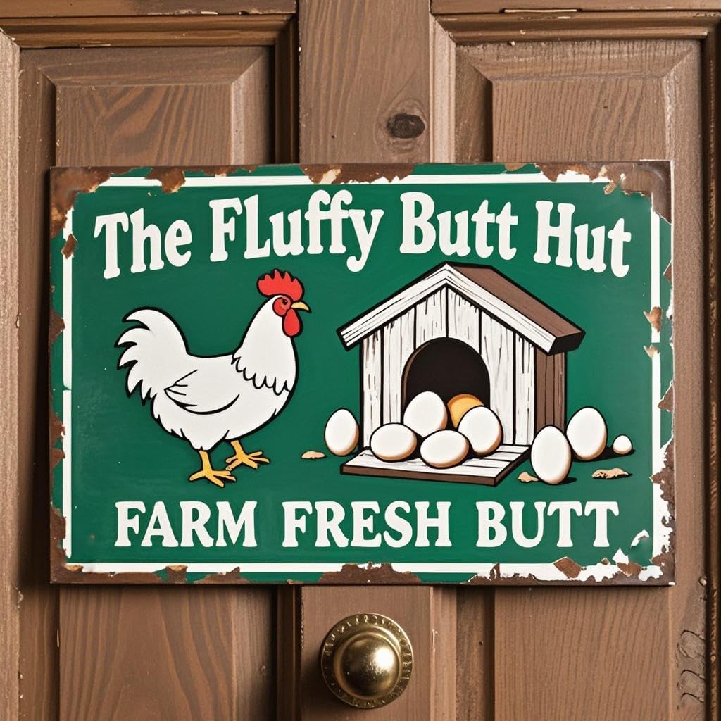 The Fluffy Butt Hut Farm Fresh Butt Nuggets Sign - Metal Sign (12x8 Inch) - Rustic Chicken Coop Decor for Farmhouse, Garden, Bar, or Garage - Funny Farm Door Plaque & Wall Art