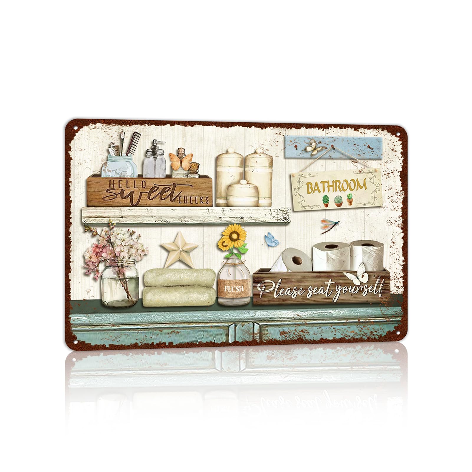 Vintage Farmhouse Bathroom Metal Tin Signs Rustic Flower Country Wall Art Decor 8X12 Inches