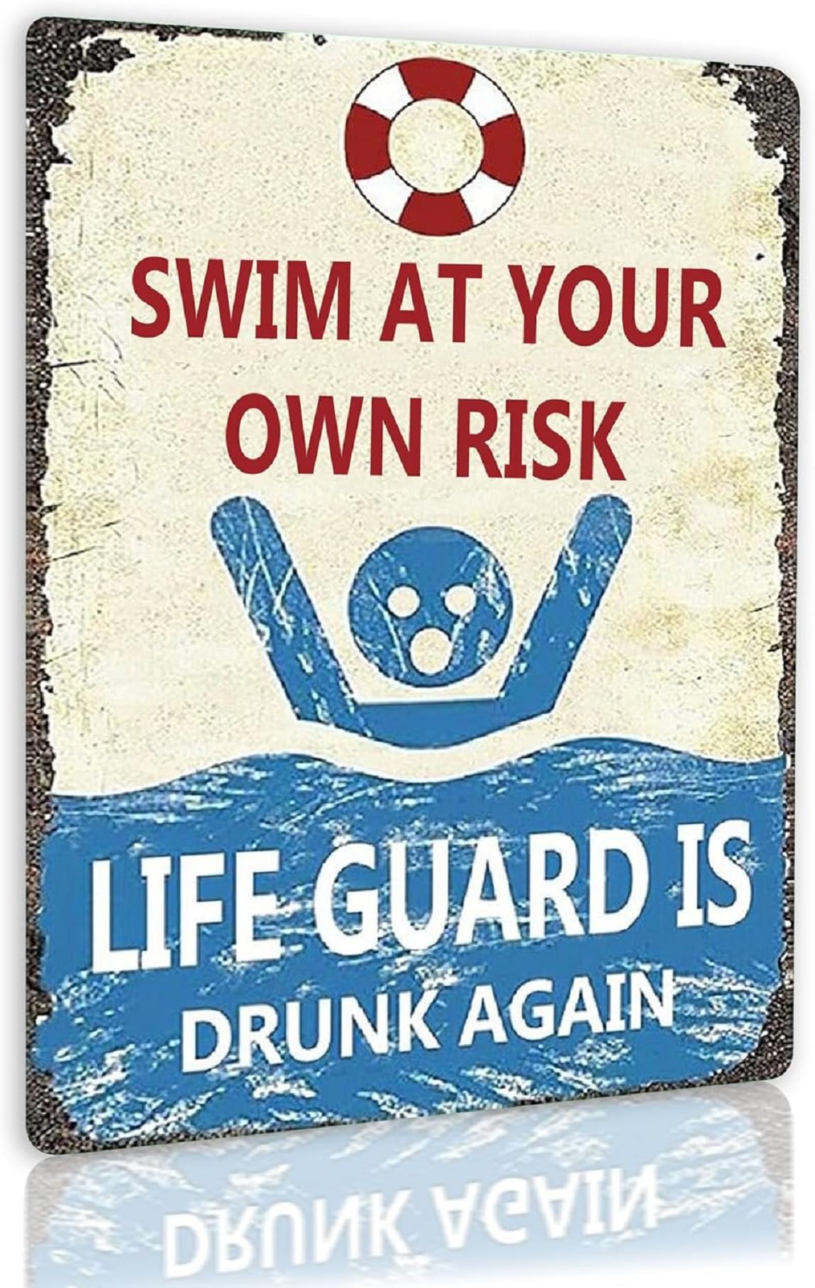 Cuorung Man Cave Decor 2pcs Vintage Tin Metal Sign Swim At Your Own Risk Lifeguard Is Drunk Again Funny Pool Posters For Garage Shop Bar Pub Wall Ation Indoor/outdoor 12x8 Inch Signs, White and Blue