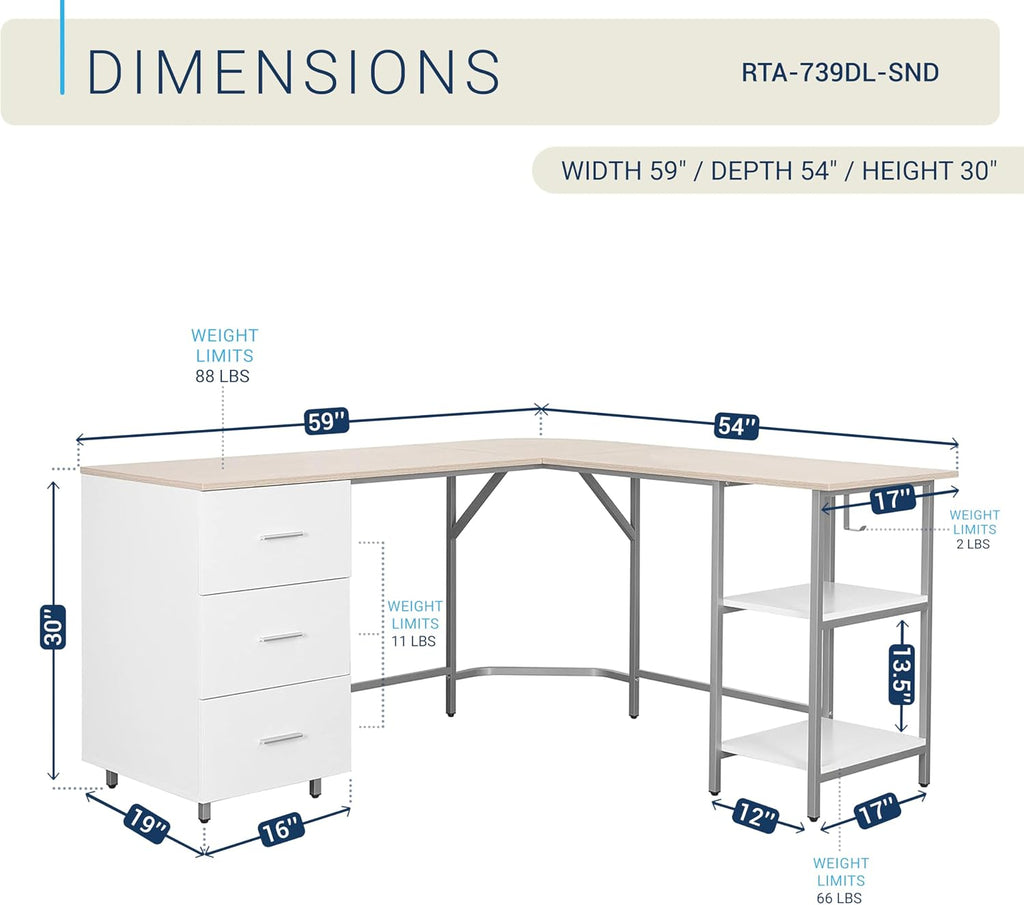 Techni Mobili L Shaped Desk - Two-Toned Computer Desk with Drawers & Storage Shelves - Simple Modern Furniture & Home Office Space Corner Table for Work & Writing