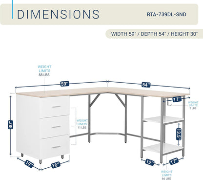 Techni Mobili L Shaped Desk - Two-Toned Computer Desk with Drawers & Storage Shelves - Simple Modern Furniture & Home Office Space Corner Table for Work & Writing