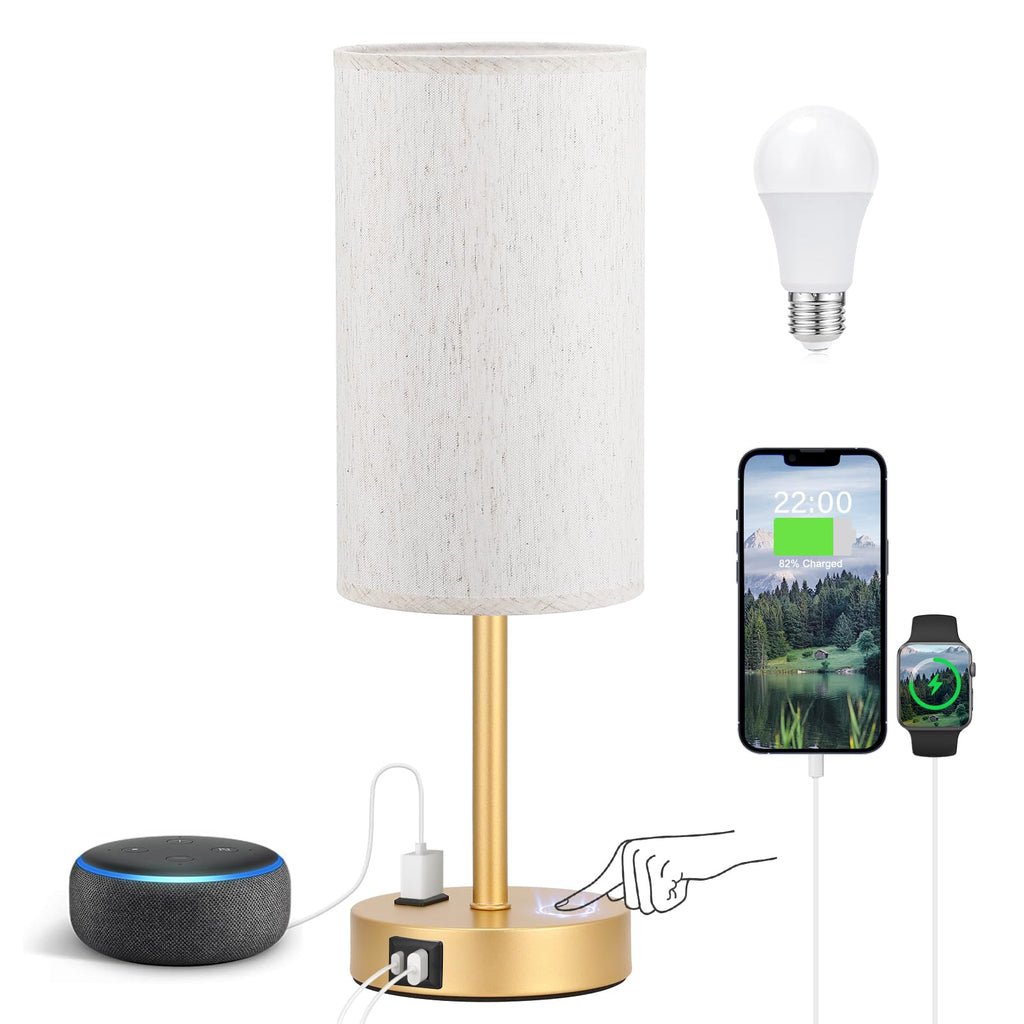 Fenmzee Bedside Table Lamp for Bedroom - 3 Way Dimmable Touch Lamp USB C Charging Ports and AC Outlet, Small Lamp Wood Base Round Flaxen Fabric Shade for Living Room, Desk, LED Bulb Included