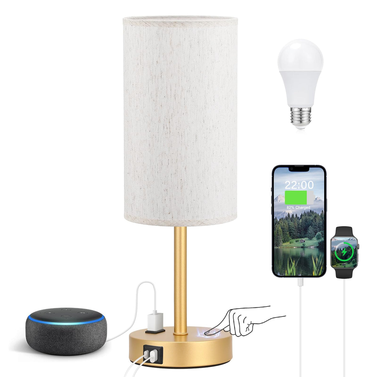 Fenmzee Bedside Table Lamp for Bedroom - 3 Way Dimmable Touch Lamp USB C Charging Ports and AC Outlet, Small Lamp Wood Base Round Flaxen Fabric Shade for Living Room, Desk, LED Bulb Included