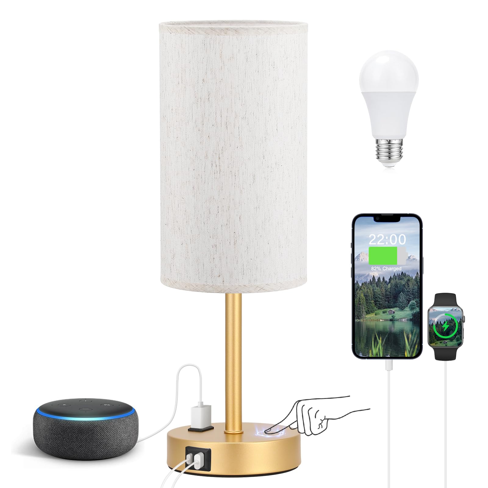 Fenmzee Bedside Table Lamp for Bedroom - 3 Way Dimmable Touch Lamp USB C Charging Ports and AC Outlet, Small Lamp Wood Base Round Flaxen Fabric Shade for Living Room, Desk, LED Bulb Included