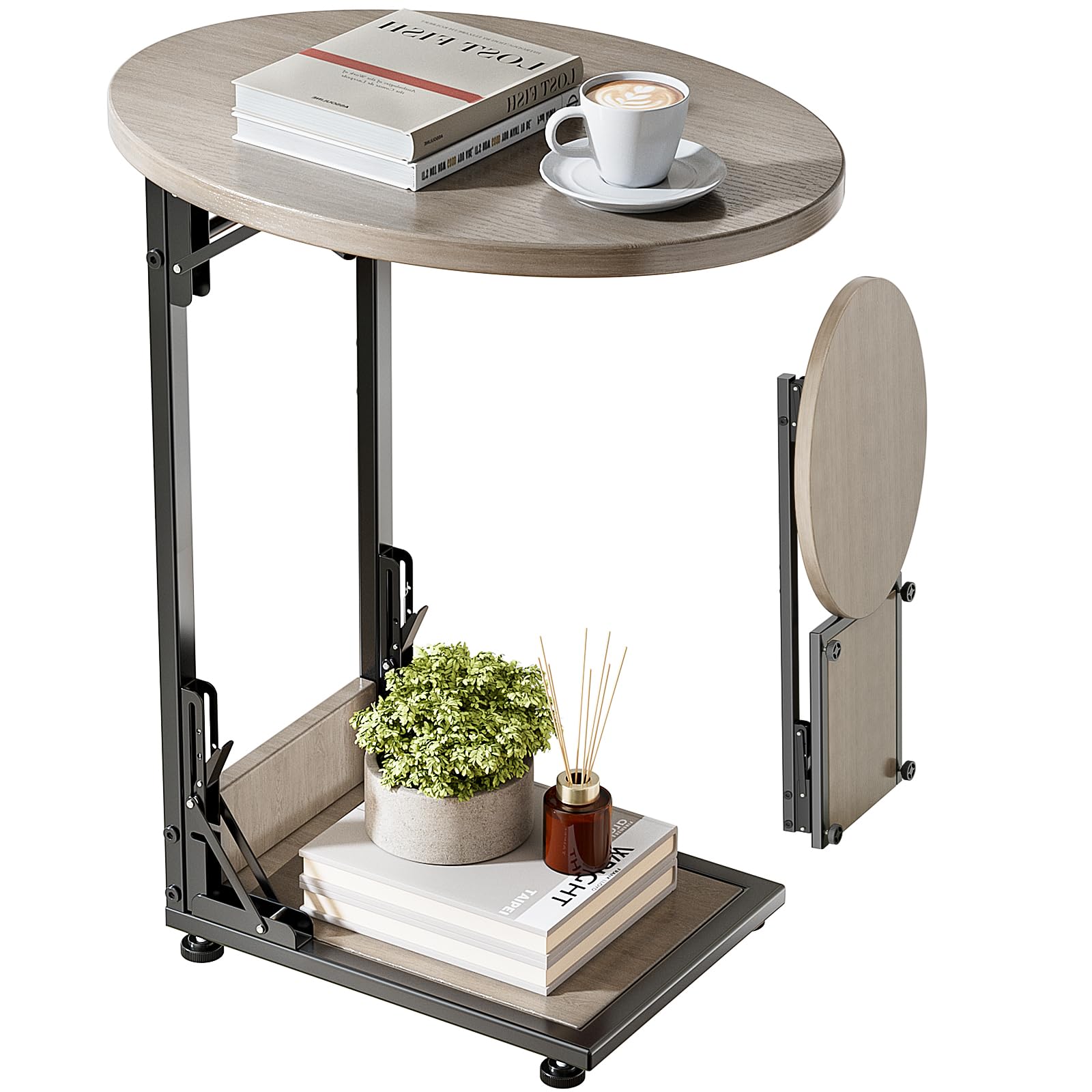 Elbourn Folding Side Table End Couch Tables,Metal Frame C-Shaped TV Stand for Sofa Living Bedroom Bedside Coffee Small Spaces(Vintage Wood Color)