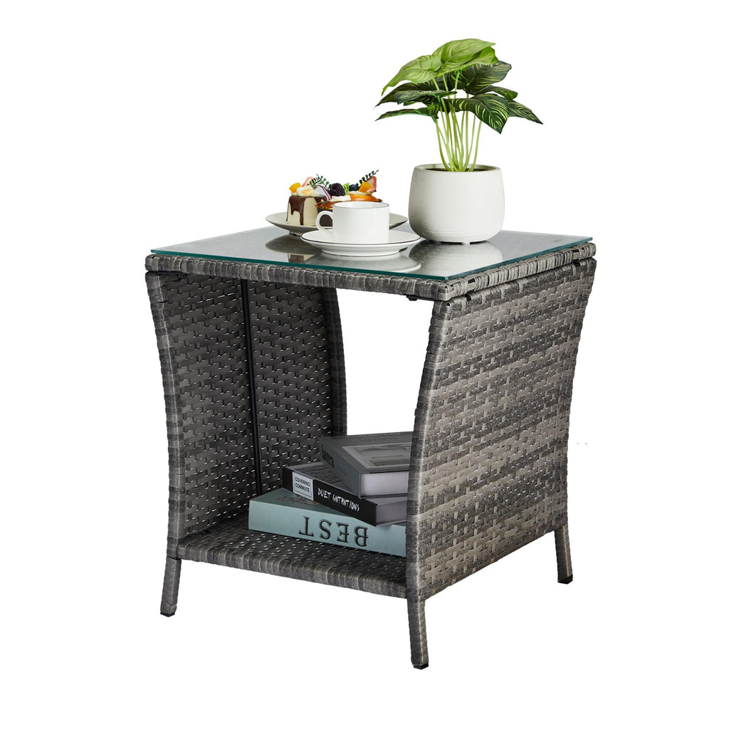 VINGLI Outdoor Wicker Side Table Patio Side Tables for Outside, Tempered Glass Top Wicker Table with Storage End Table for Balcony Porch Deck (Brown)