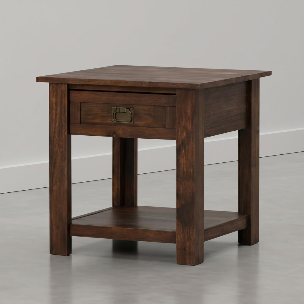 SIMPLIHOME Monroe End Table - 22 inch Wide Solid Acacia Wood Side Table in Distressed Charcoal Brown, Rustic Accent Table for Living Room or Bedroom with Drawer and Shelf