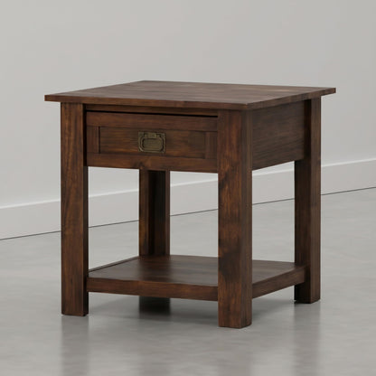 SIMPLIHOME Monroe End Table - 22 inch Wide Solid Acacia Wood Side Table in Distressed Charcoal Brown, Rustic Accent Table for Living Room or Bedroom with Drawer and Shelf