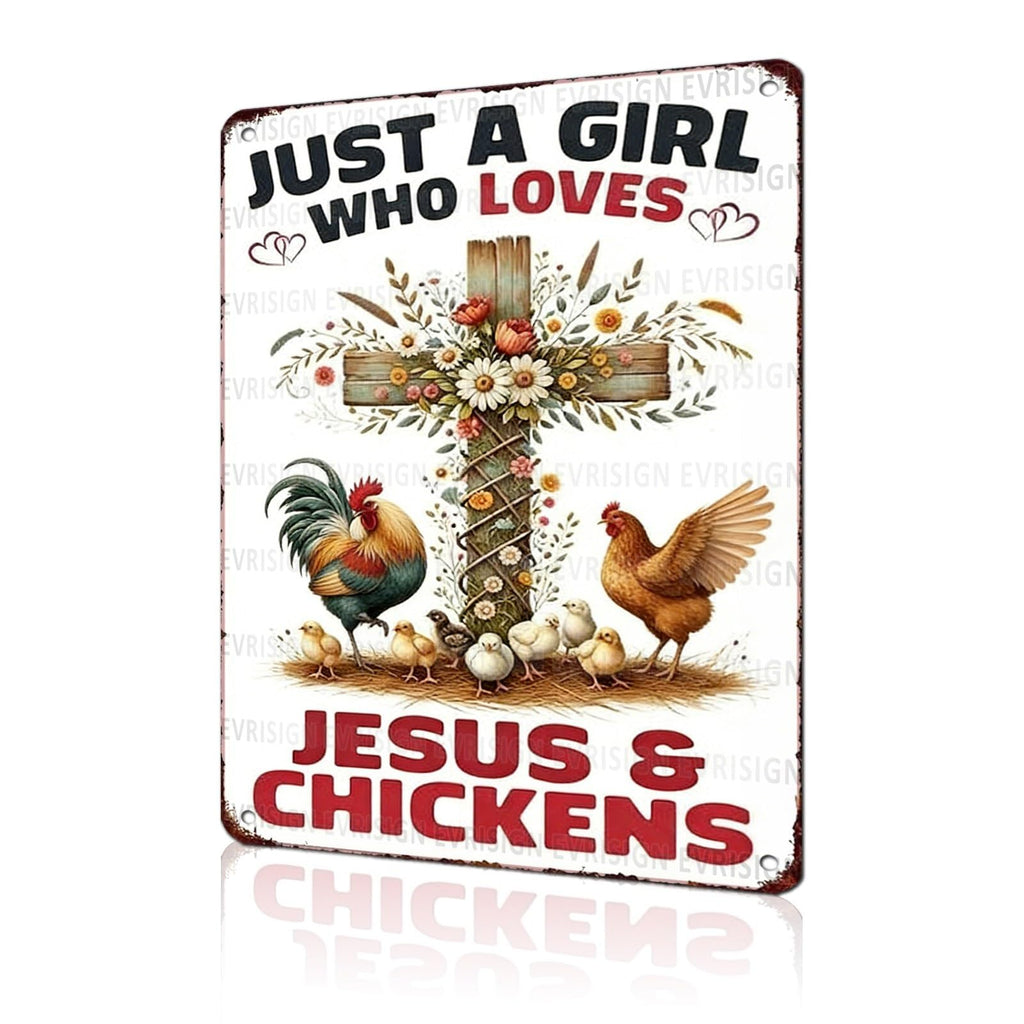 Funny Chicken Faith & Farmhouse Gifts Just A Girl Who Loves Jesus&Chickens Vintage Tin Sign for Farm Kitchen Garden or Cottage Wall 8x12Inch