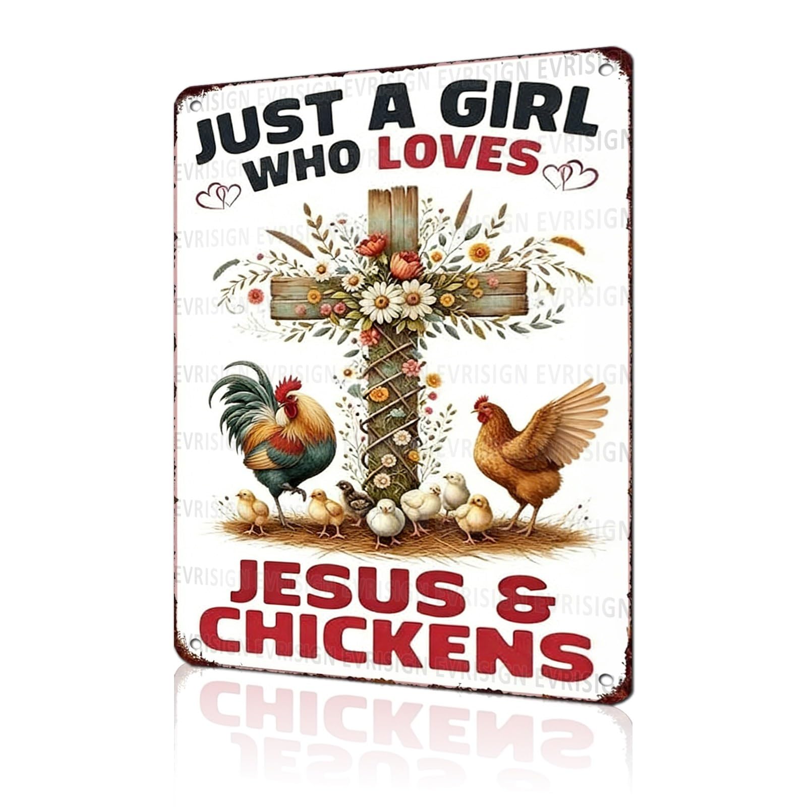 Funny Chicken Faith & Farmhouse Gifts Just A Girl Who Loves Jesus&Chickens Vintage Tin Sign for Farm Kitchen Garden or Cottage Wall 8x12Inch