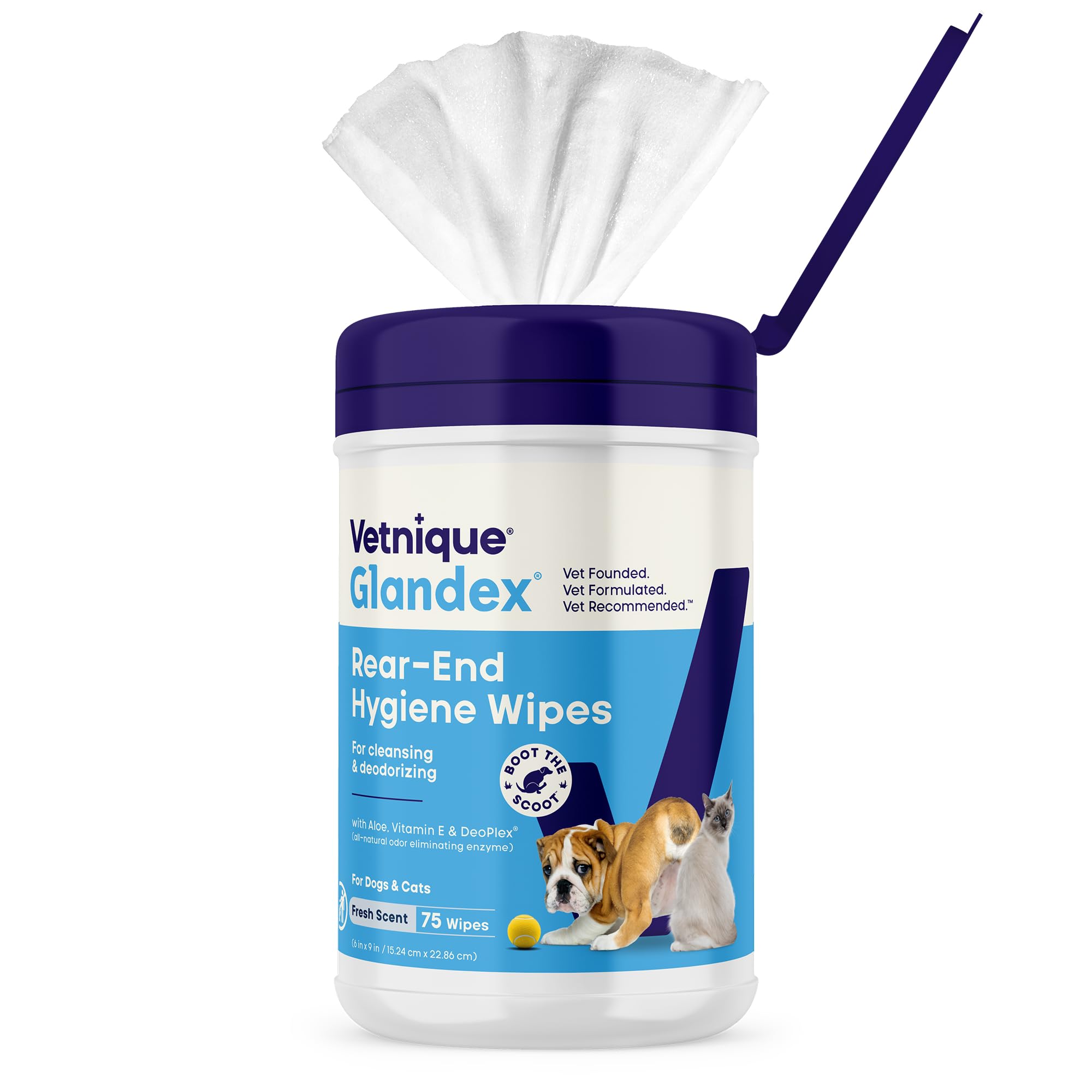 Vetnique Glandex Rear End Wipes for Dogs & Cats, Anal Gland Hygiene & Deodorizing Dog Wipes for Paws and Butt, Boot The Scoot with DeoPlex Enzyme, Aloe & Vitamin E (75ct)