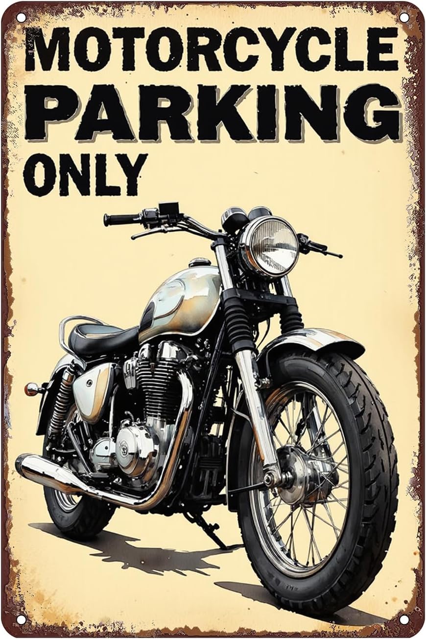 Motorcycle Parking Only Tin Sign Wall Decor - 12x8 Inch Tin Metal Retro Style Wall Art for Garage, Workshop, Bar, Biker Gift for Motorcycle Enthusiasts