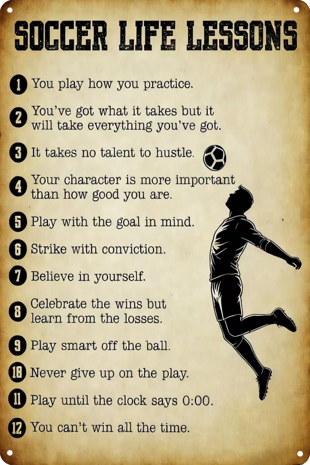 tosles Soccer Poster - Vintage Metal Tin Sign Motivational Wall Art with Inspirational Quotes, Soccer Life Lessons Gift for Men, Dad, Teen - Man Cave, Bedroom, Office Decor - 8x12 Inch