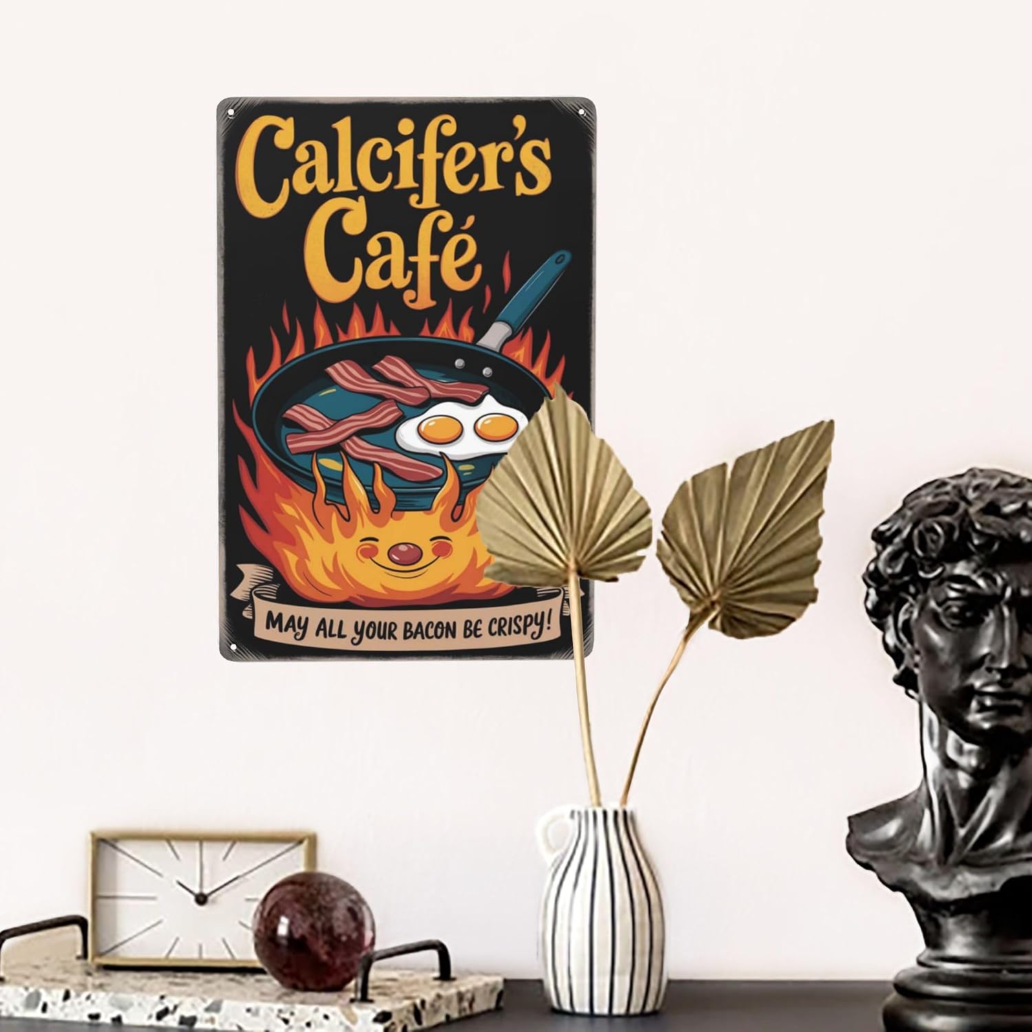 8x12 Inch Metal Sign Featuring Elegant Calcifers Cafe May All Your Bacon Be Crispy Funny Anime Kitchen Sign Decor With Distinctive Artistic Fonts For Residential Living Display