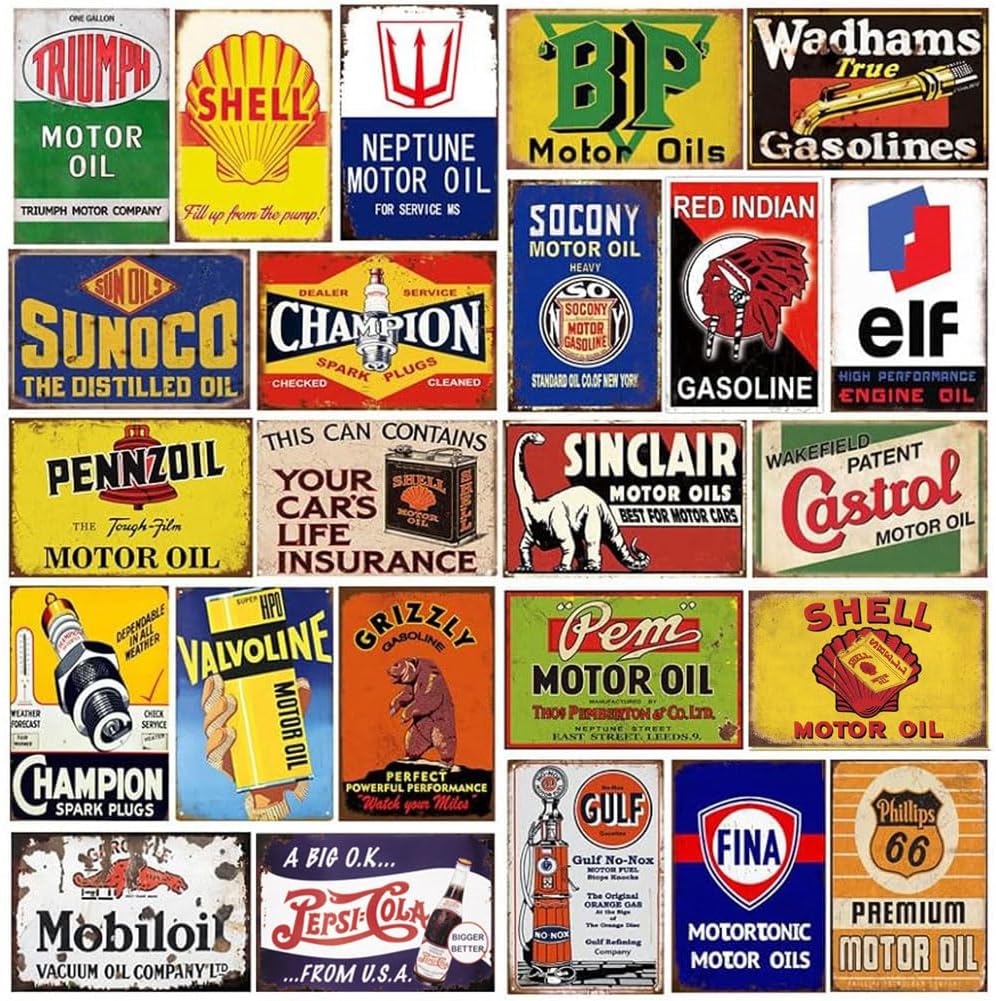 Reproduced Vintage Tin Sign Pack, Gas Oil Retro Advert Antique Metal Signs for Garage Man Cave Bar Kitchen, Nostalgic Car Decor, 8x12 Inch (24 pieces B)