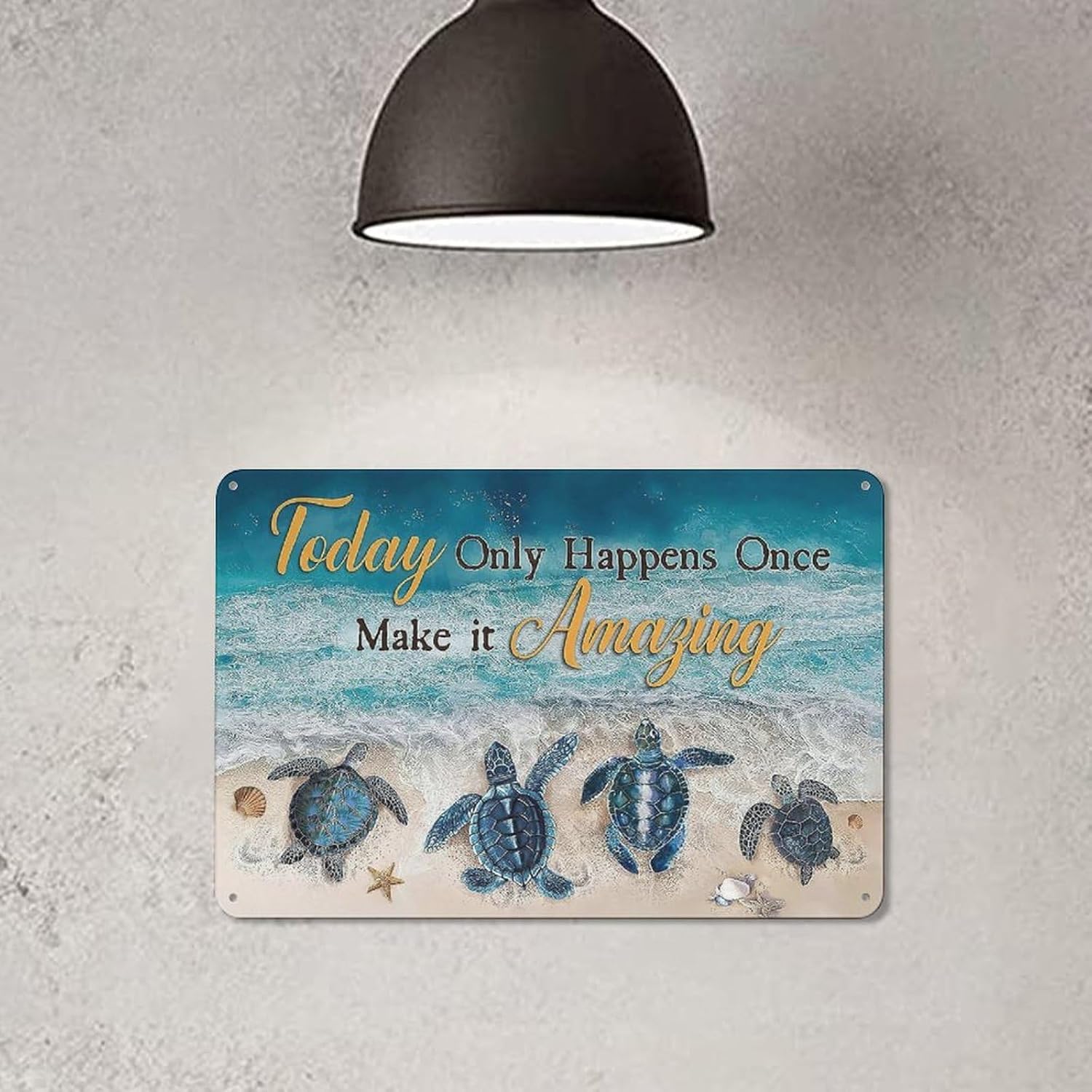 Rustic Vintage Metal Tin Sign Beach Bathroom Decor Sea Turtle Wall Art Seashells Ocean Coastal Scenery Print Artwork Novelty Metal Sign for Home Kitchen Parlor Wall Decor 8x12 Inch