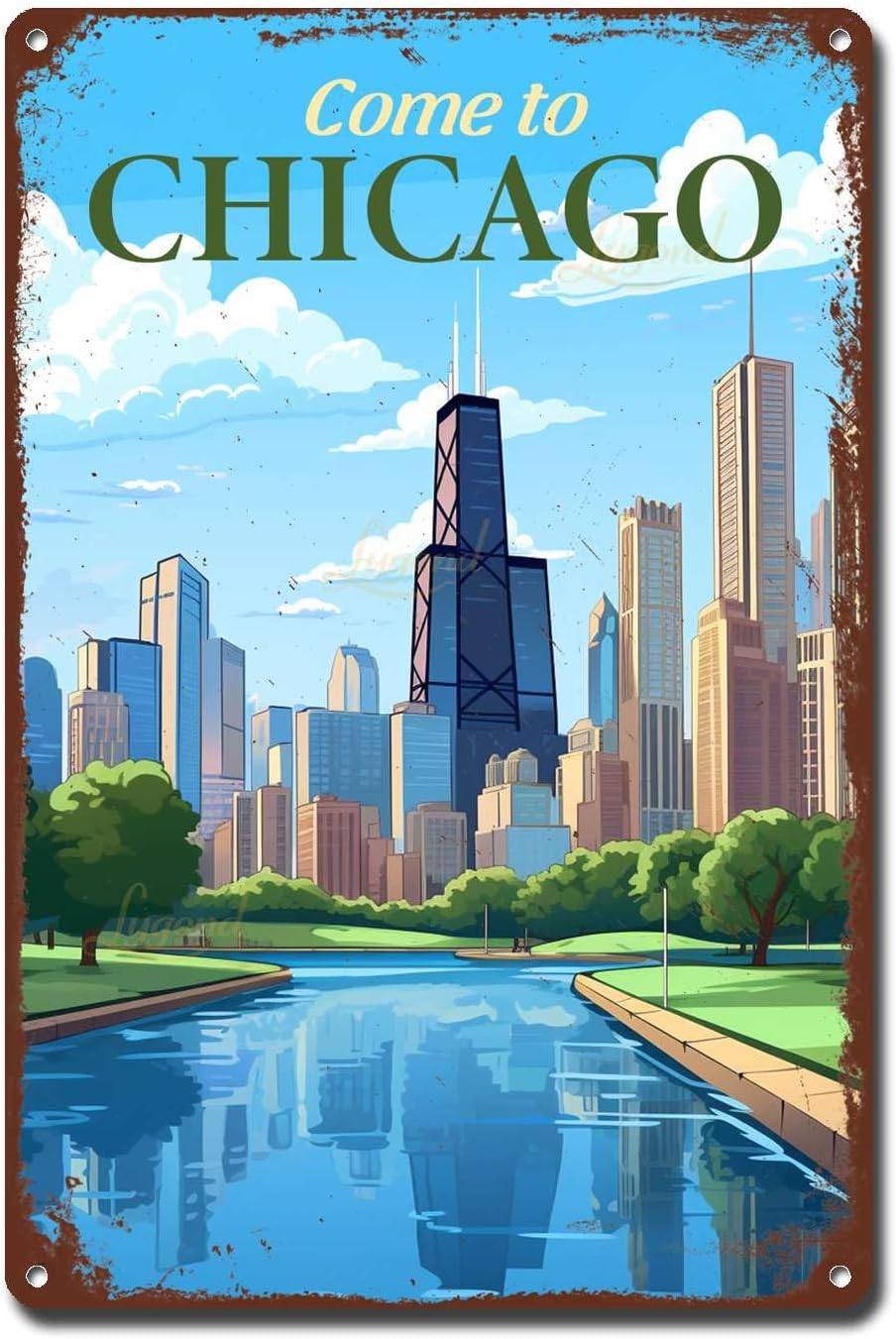 Lygond Metal Sign Tin Sign Vintage Wall Art Come to Chicago Travel Greenhouse Decor for Gift 8×12 Inches