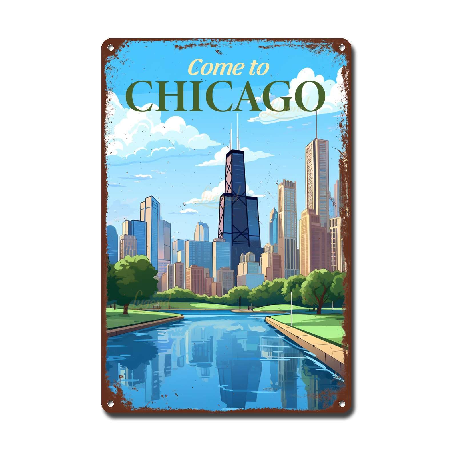 Lygond Metal Sign Tin Sign Vintage Wall Art Come to Chicago Travel Greenhouse Decor for Gift 8×12 Inches