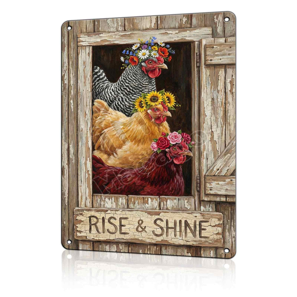 Rise and Shine Chicken Metal Tin Sign - Rustic Farmhouse Kitchen Wall Decor - Cute Rooster & Hen Art Poster for Coffee Bar or Breakfast Nook 8x12 inch