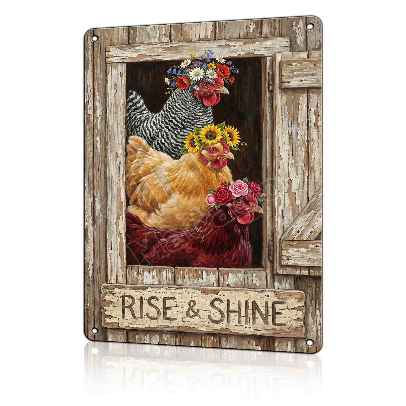Rise and Shine Chicken Metal Tin Sign - Rustic Farmhouse Kitchen Wall Decor - Cute Rooster & Hen Art Poster for Coffee Bar or Breakfast Nook 8x12 inch