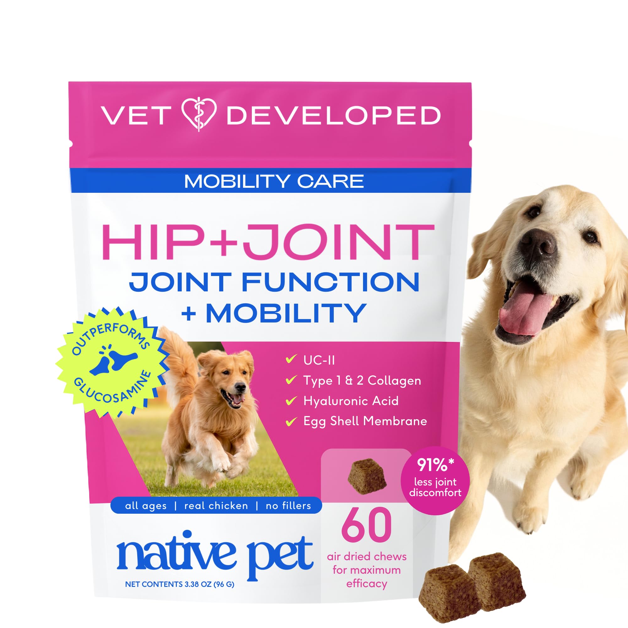 Native Pet Hip & Joint Advanced Care Dog Joint Supplement Powder for Mobility & Movement Support, Joint Supplement for Dogs with HMB, UC-II Collagen, Green Lipped Mussel & Hyaluronic Acid – 30 Scoops
