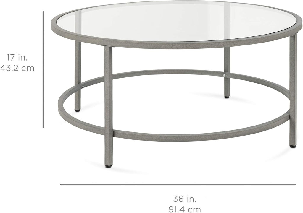 Best Choice Products 36in Modern Round Tempered Glass Accent Side Coffee Table for Living Room, Dining Room, Tea, Home Décor w/Metal Frame, Non-Marring Foot Caps - Gray