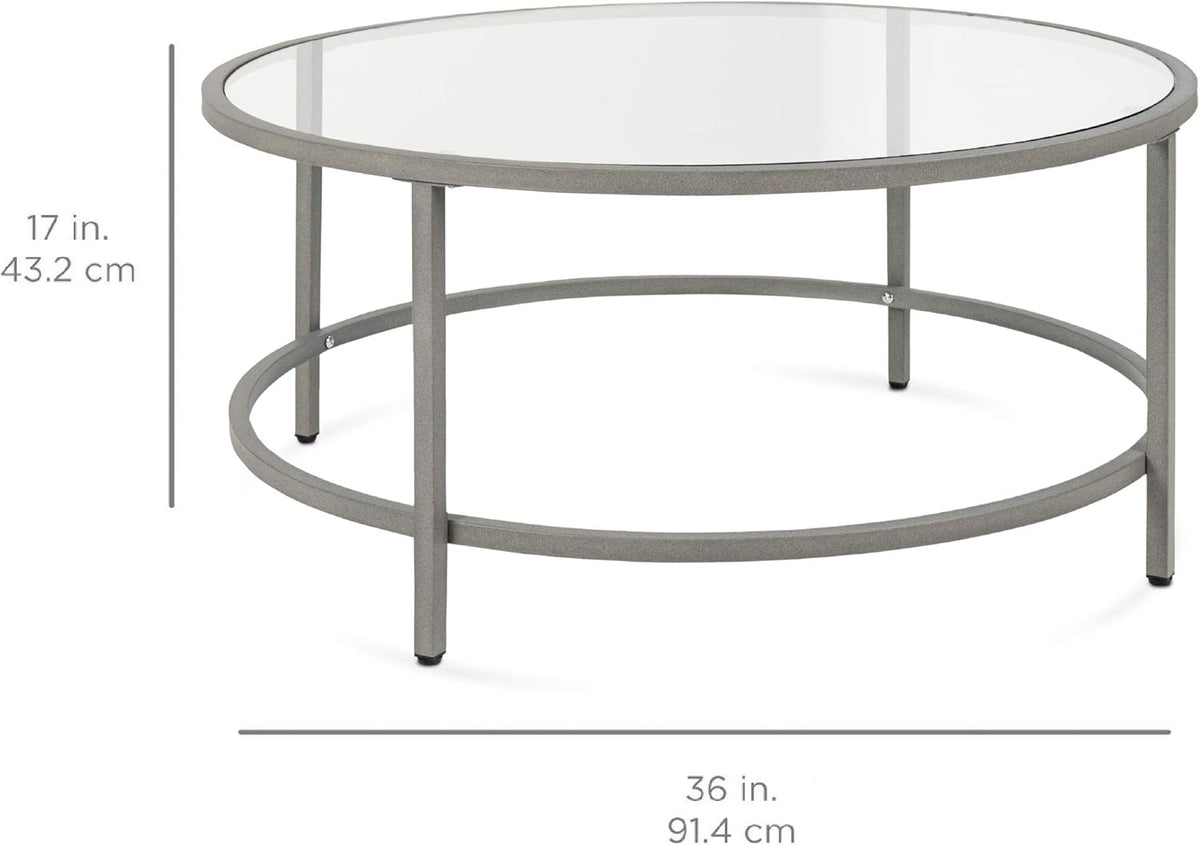 Best Choice Products 36in Modern Round Tempered Glass Accent Side Coffee Table for Living Room, Dining Room, Tea, Home Décor w/Metal Frame, Non-Marring Foot Caps - Gray