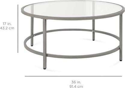 Best Choice Products 36in Modern Round Tempered Glass Accent Side Coffee Table for Living Room, Dining Room, Tea, Home Décor w/Metal Frame, Non-Marring Foot Caps - Gray