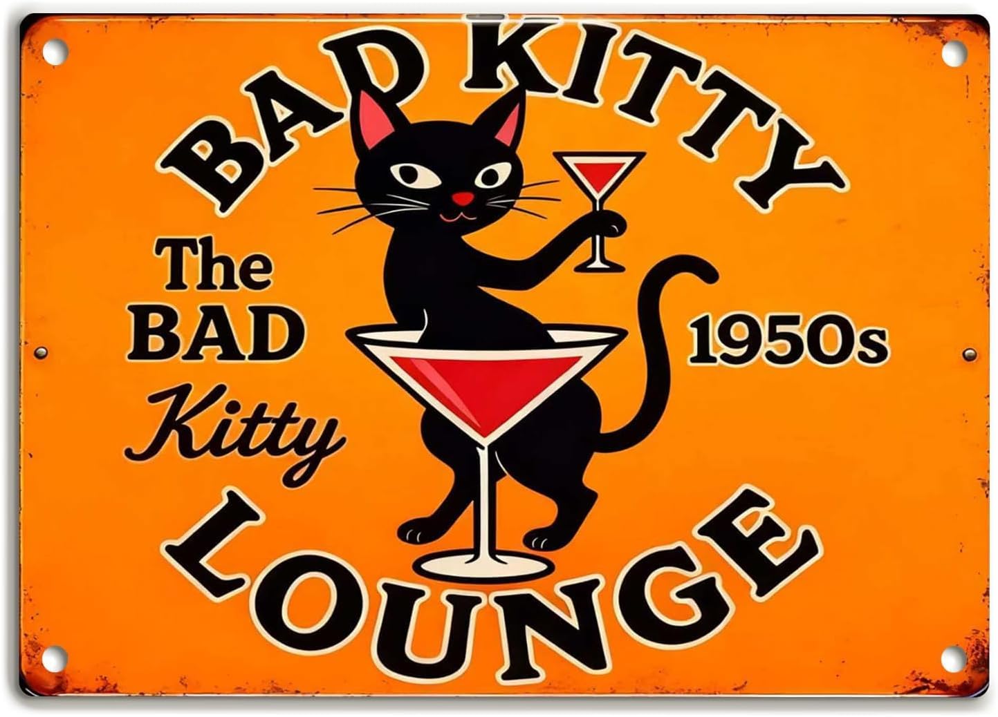 Funny Black Cat Wall Art - Metal Decor Signs Vintage Metal Tin Sign Wall Art "Bad Kitty Lounge" Sign for Women and Cat Lovers Home Decor, Bedroom, Kitchen, Office, Cafe, Bar 8 X 12 Inch