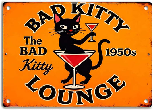 Funny Black Cat Wall Art - Metal Decor Signs Vintage Metal Tin Sign Wall Art "Bad Kitty Lounge" Sign for Women and Cat Lovers Home Decor, Bedroom, Kitchen, Office, Cafe, Bar 8 X 12 Inch