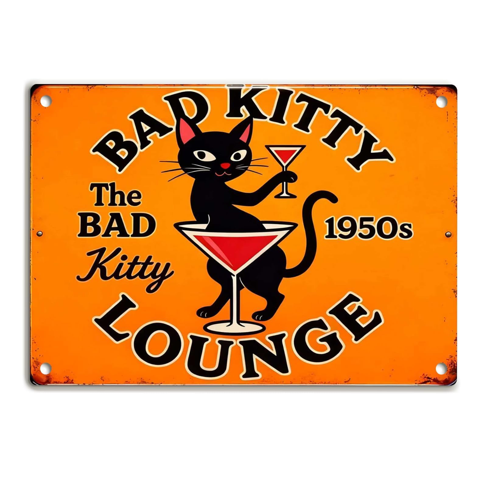 Funny Black Cat Wall Art - Metal Decor Signs Vintage Metal Tin Sign Wall Art "Bad Kitty Lounge" Sign for Women and Cat Lovers Home Decor, Bedroom, Kitchen, Office, Cafe, Bar 8 X 12 Inch